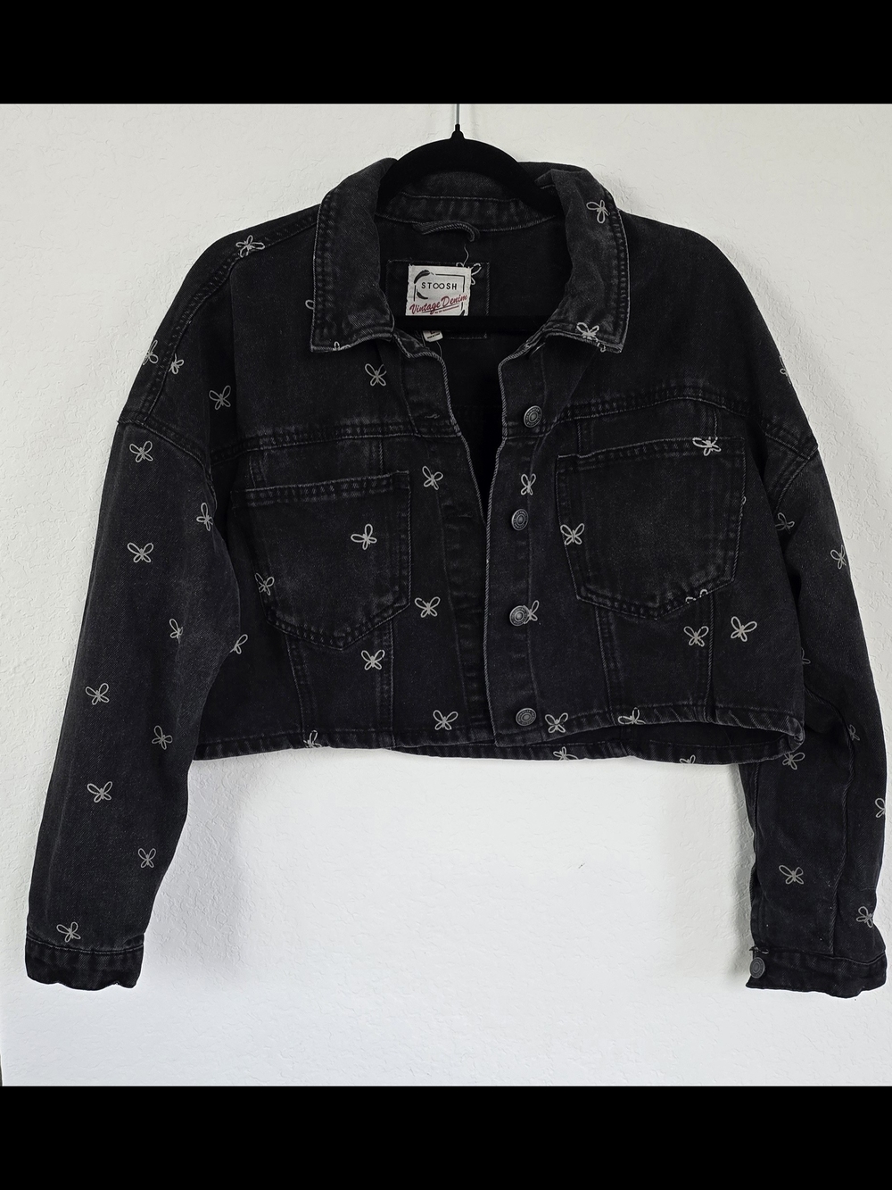 Stoosh Black Cropped Denim Jacket with White Embroidered Bows
